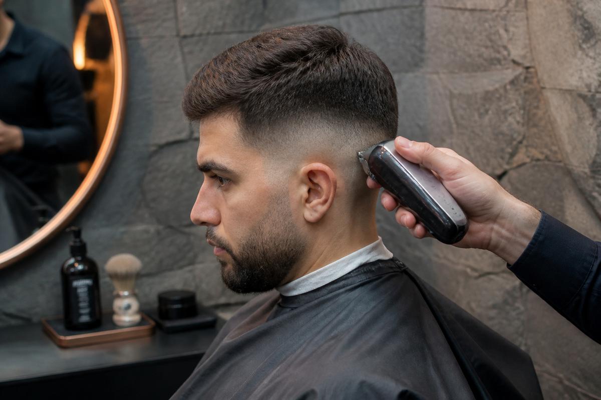 Fade blend through the cheek and sideburn area