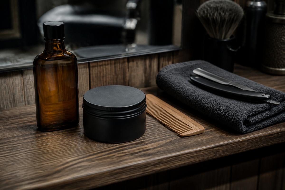 Pomade tins lined on the Compooroso counter
