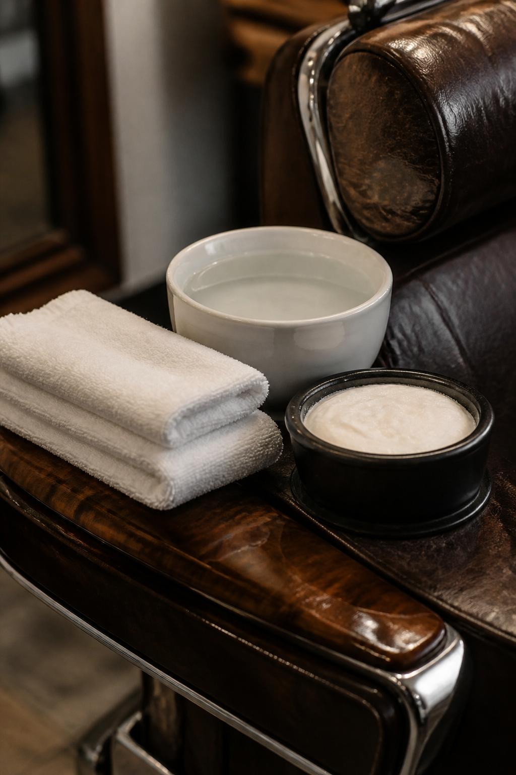 Hot towels and shaving bowls on a leather barber chair at Compooroso