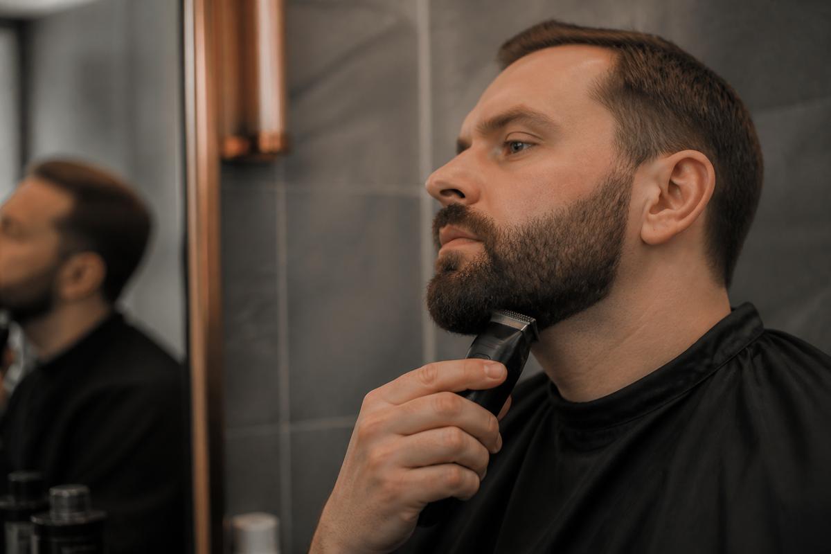 Beard edge trimmed along the jawline